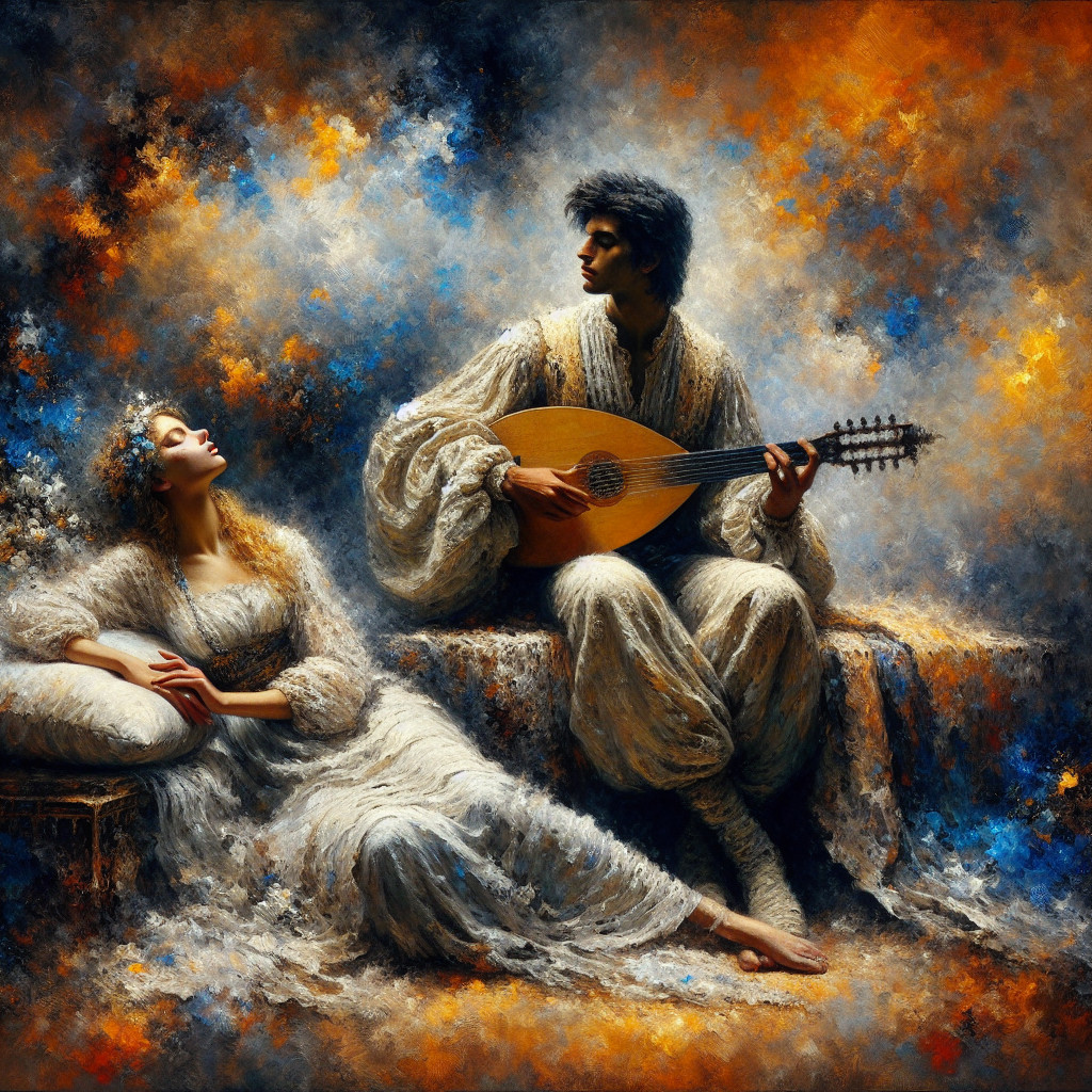 Romantic Scene with Lute Player and Elegant Woman