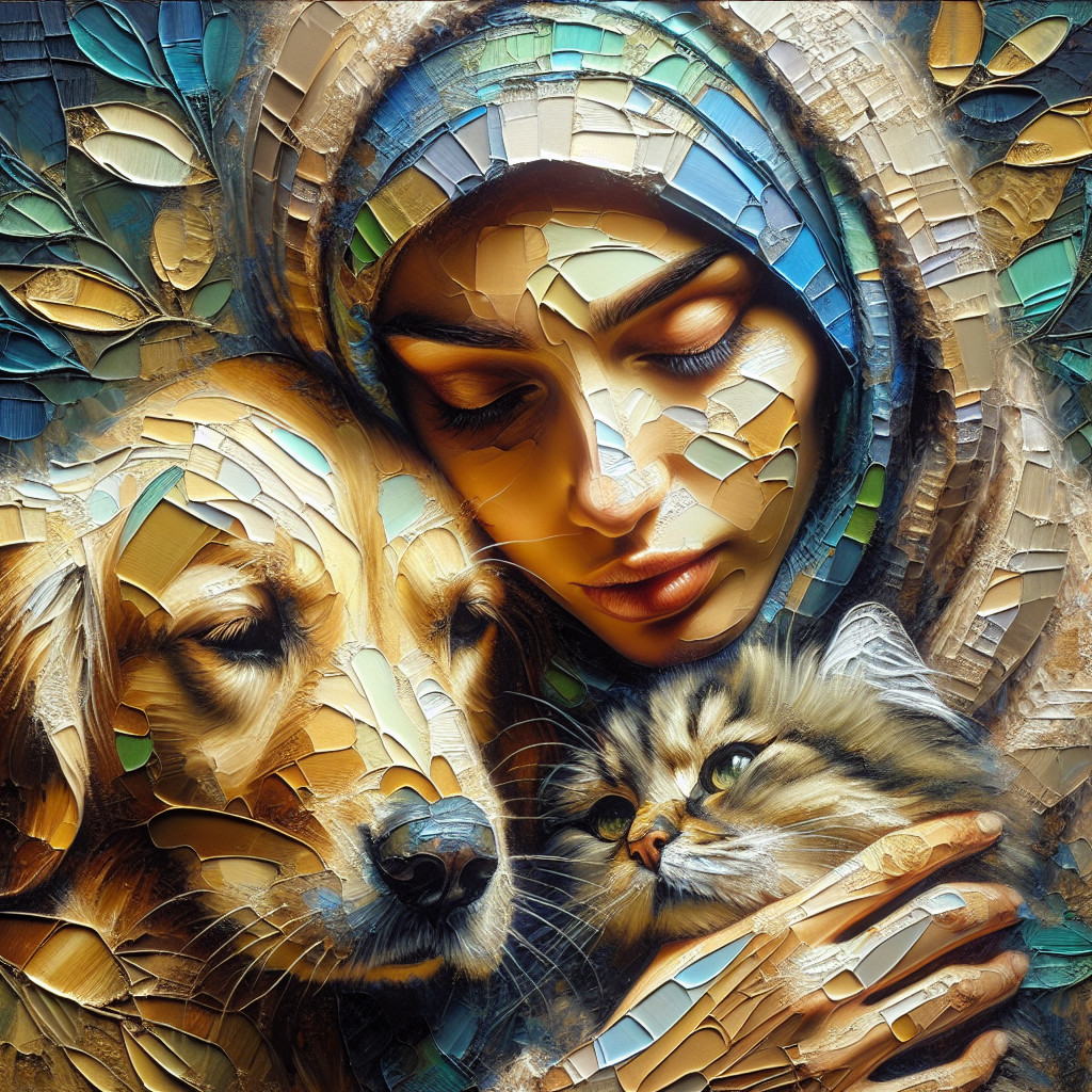 Close-Up of Woman with Golden Retriever and Cat