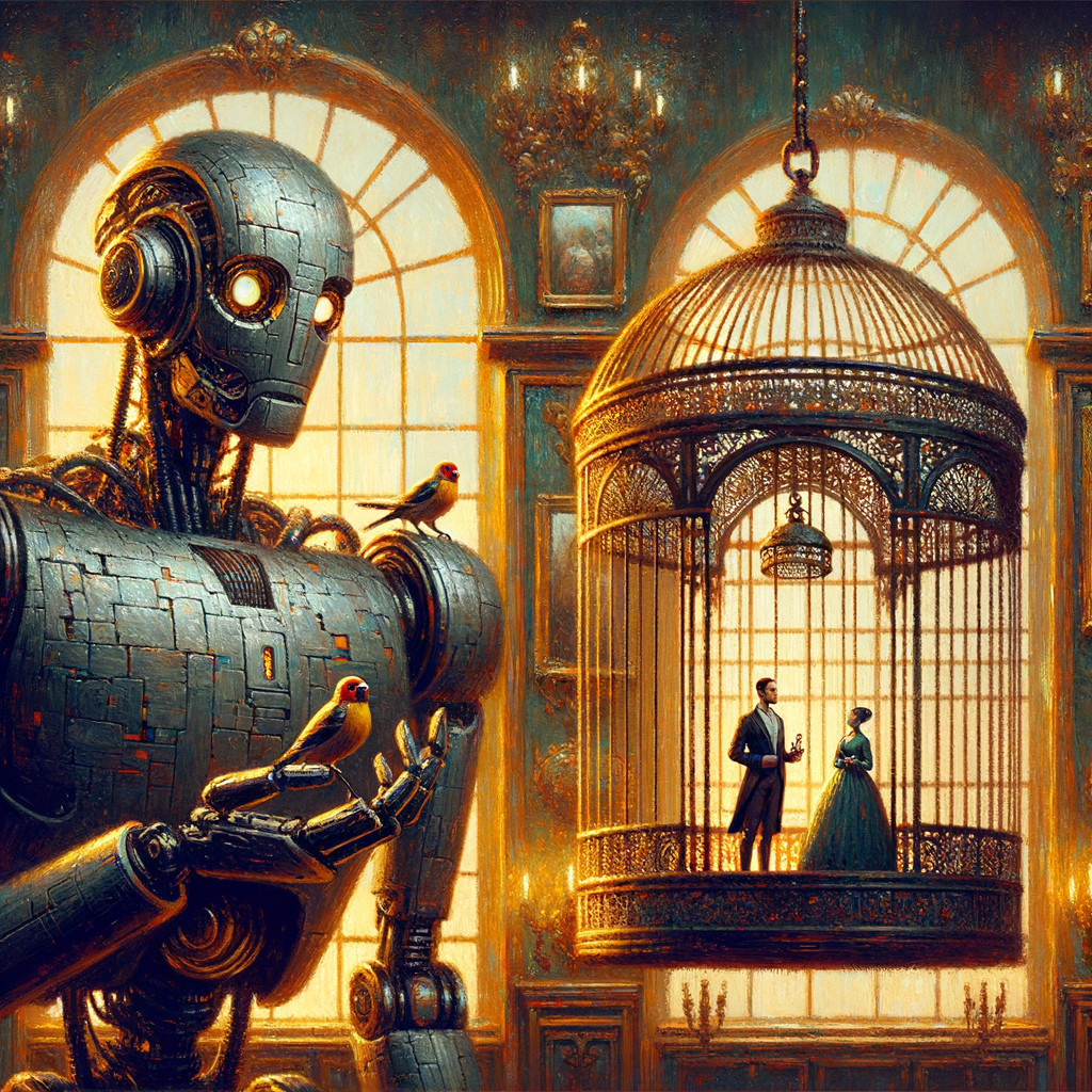 Ancient robot with birds in grand hall setting