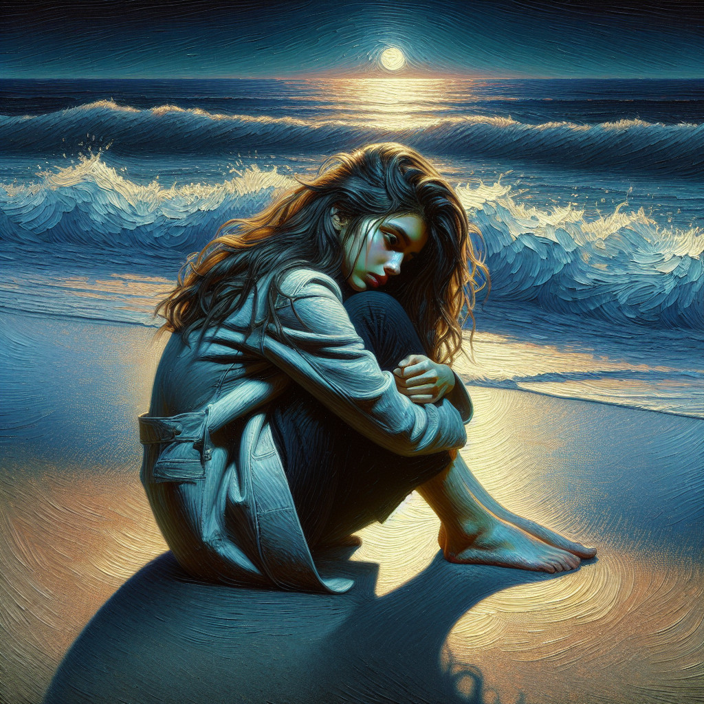 Young Woman on Beach Under Moonlit Sky