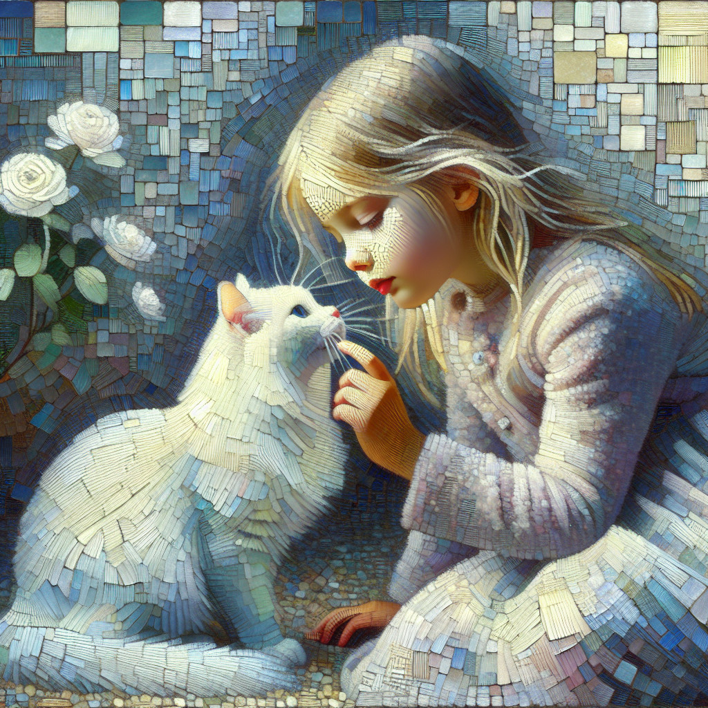 Dreamlike Scene of Girl with White Cat and Roses