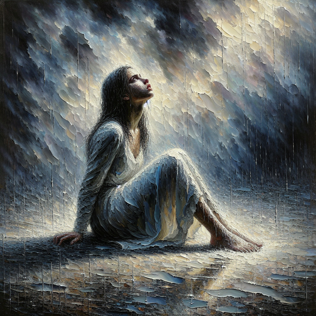 Textured Impasto Oil Painting of Woman in Rain