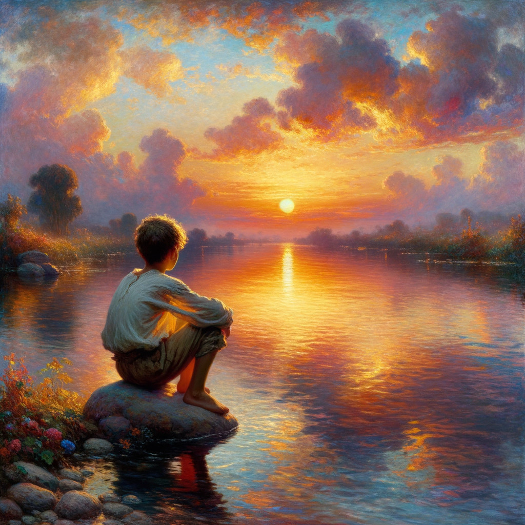 Young Boy by Tranquil River at Sunset Scene