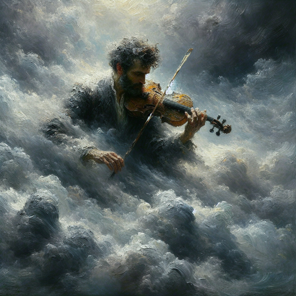 Musician Playing Violin Amid Swirling Clouds