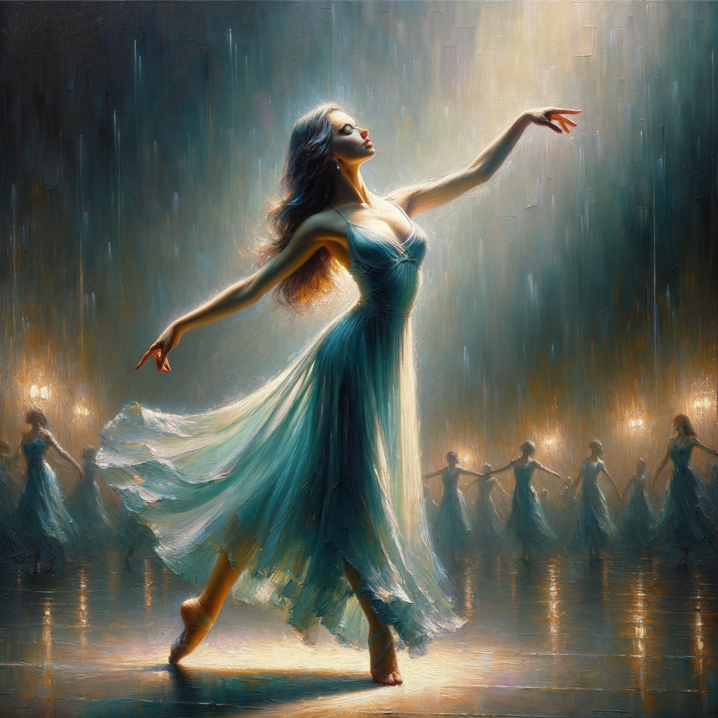 Ballerina in Ethereal Dress Under Golden Lights