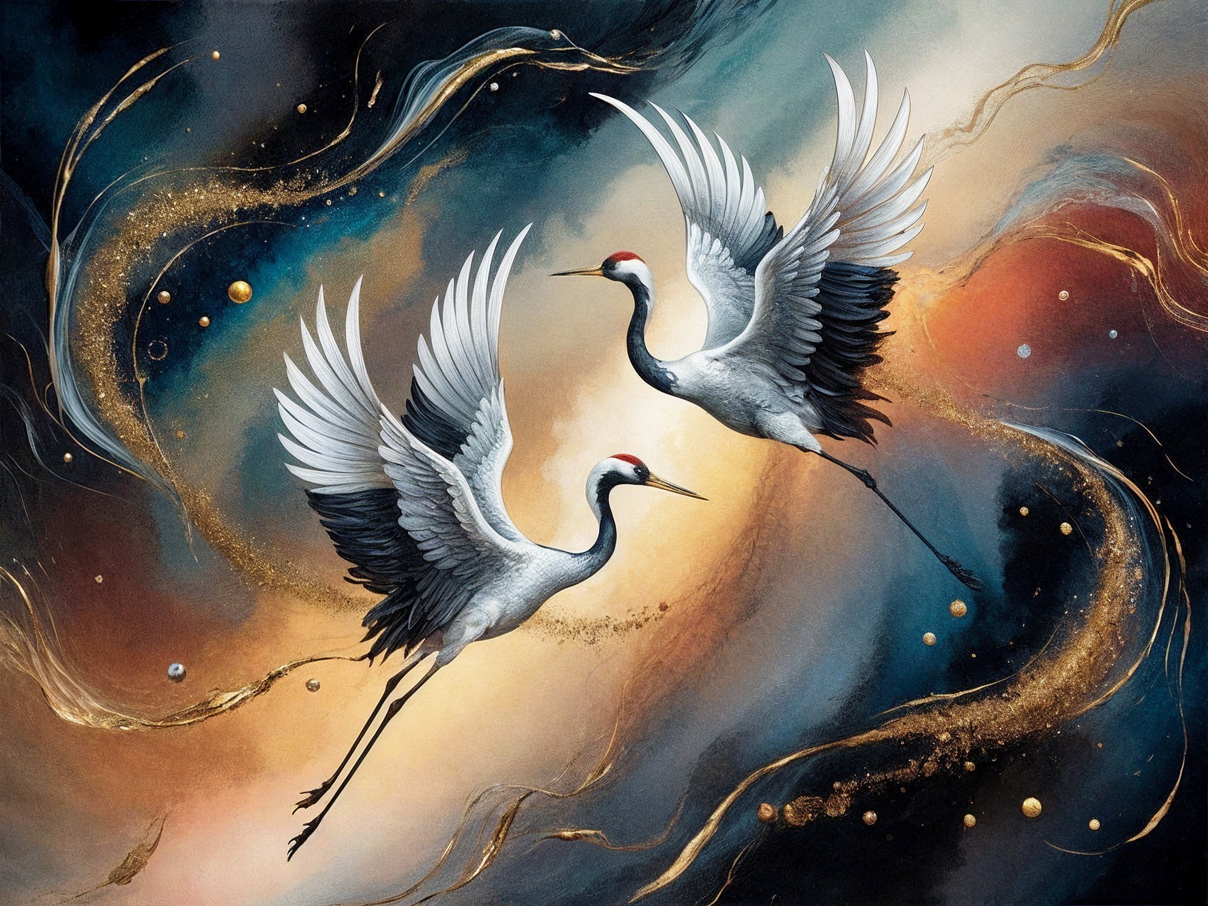 Elegant cranes soaring in a vibrant cosmic backdrop
