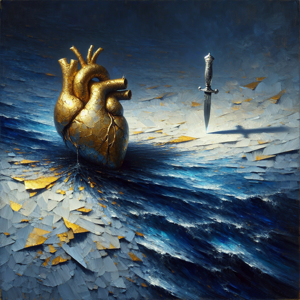 Oil Painting of Golden Heart and Dagger in Turbulent Water