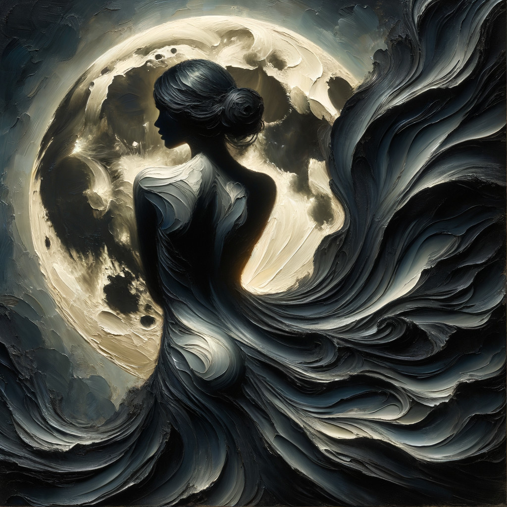 Silhouette of a Woman Against a Full Moon