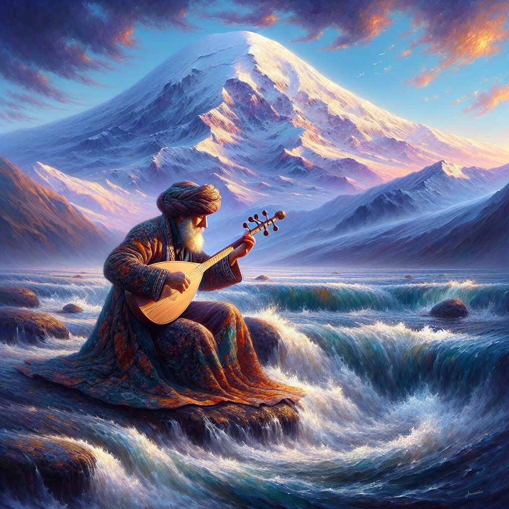 Elderly Man Playing Instrument by River at Sunset