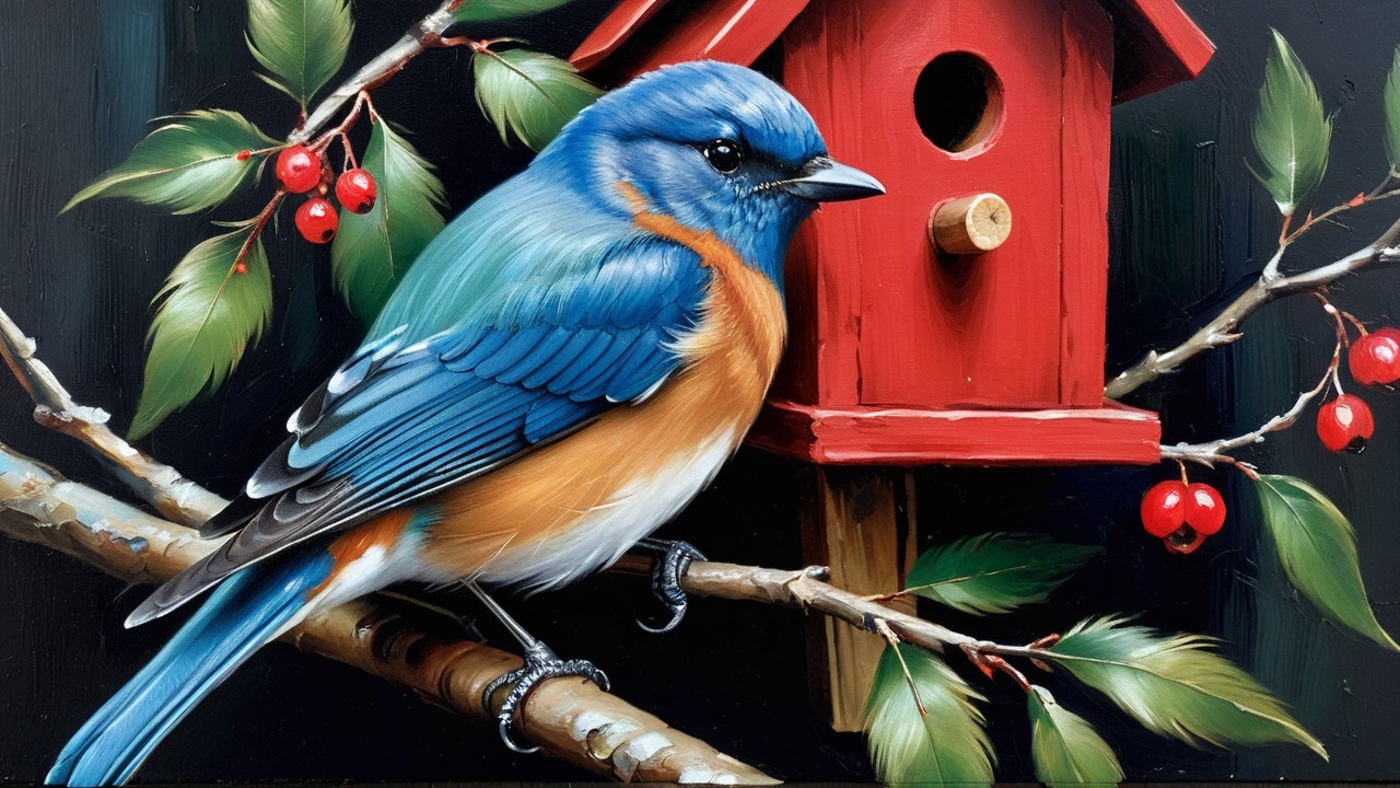 Bluebird on Branch with Red Birdhouse and Greenery