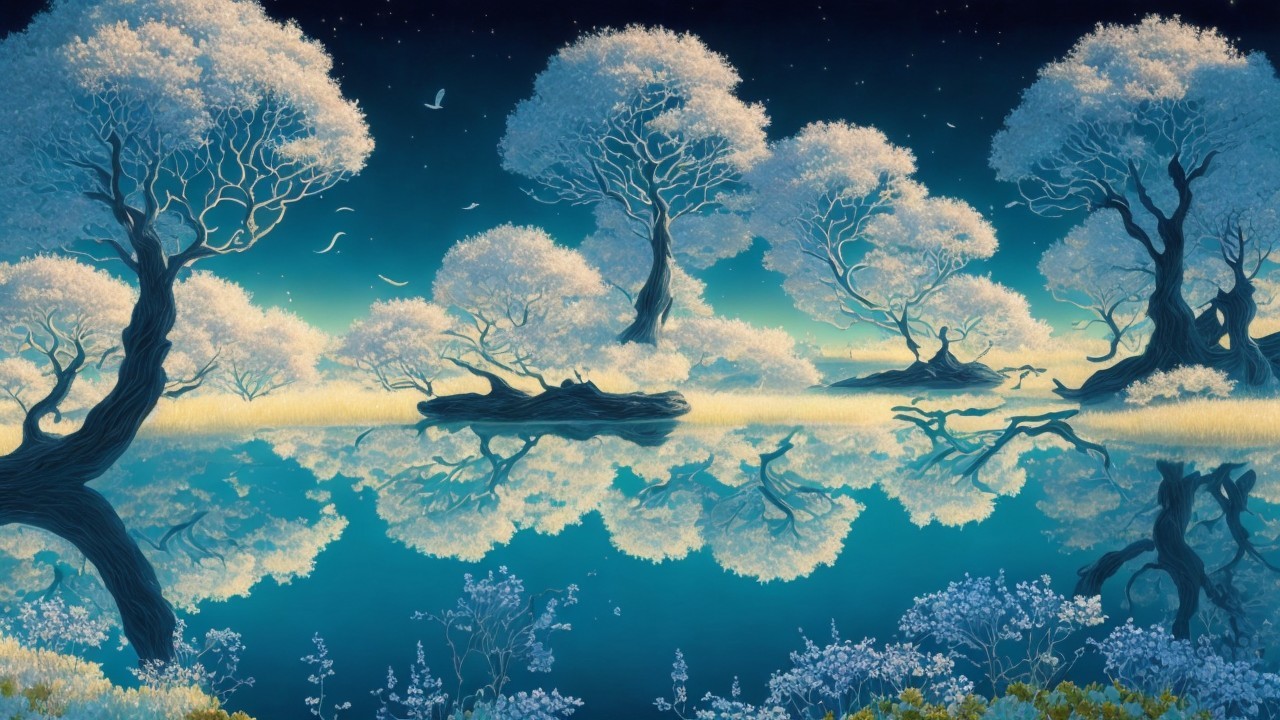 Serene landscape with silver trees and tranquil lake