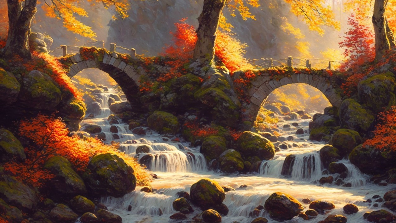 Ancient Stone Bridges Over a Cascading River Scene