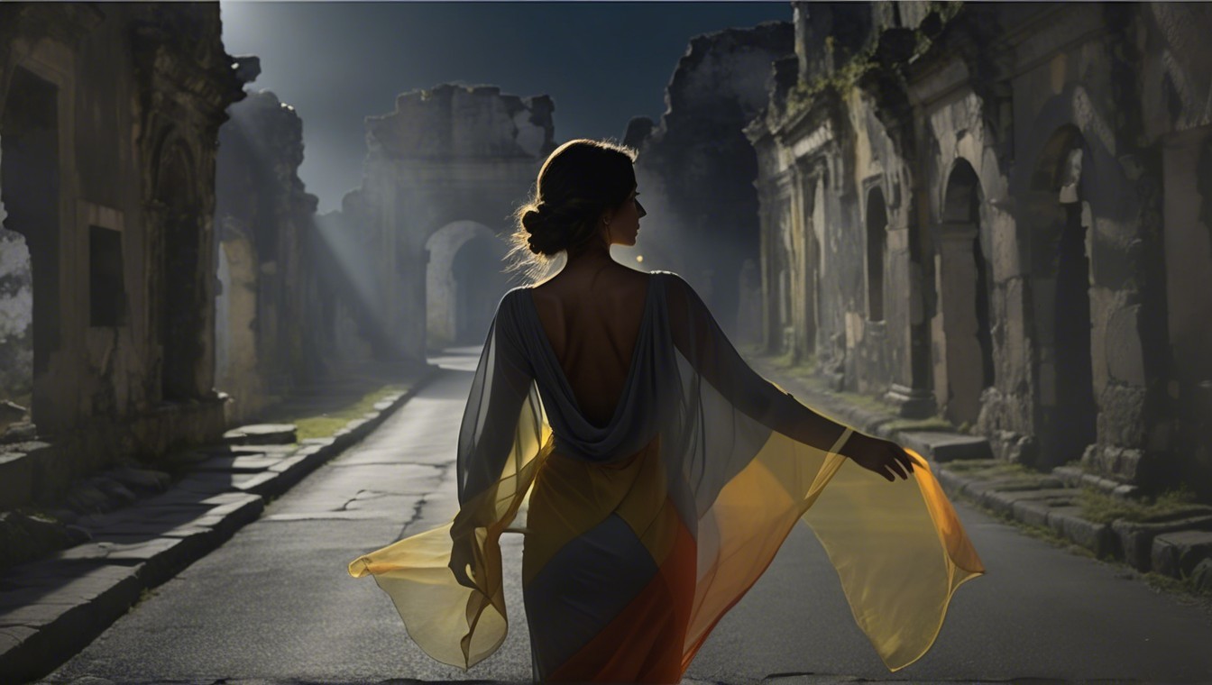 Mysterious figure in flowing gown in ancient ruins