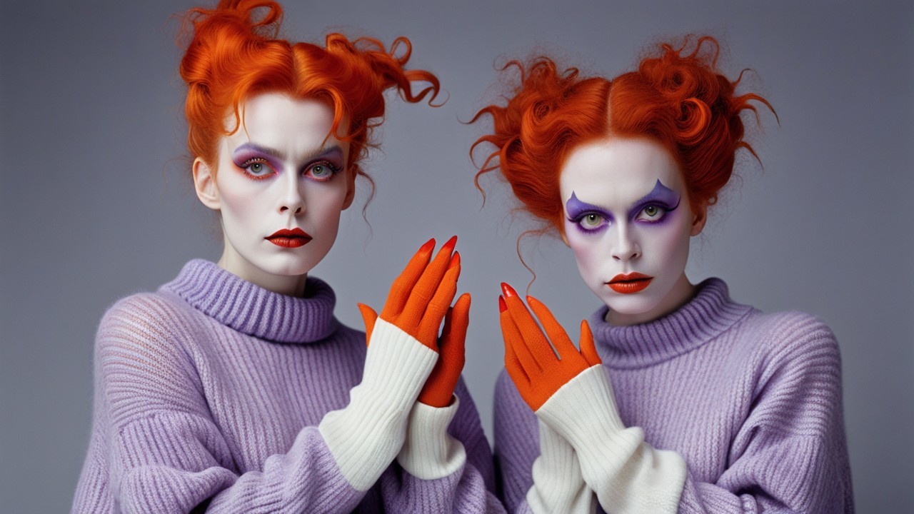 Stylized Figures with Orange Hair and Bold Makeup
