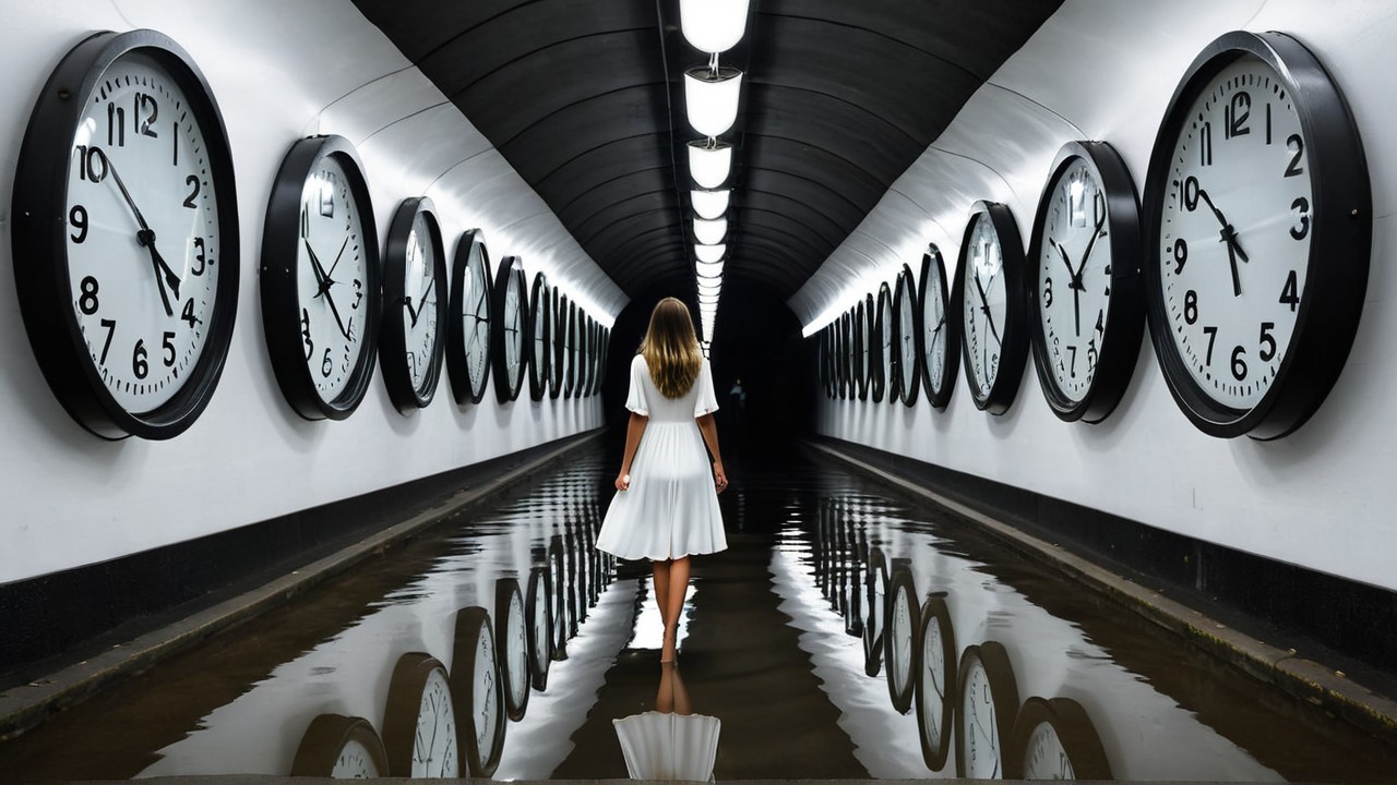 Woman in White Dress at Dark Corridor with Clocks