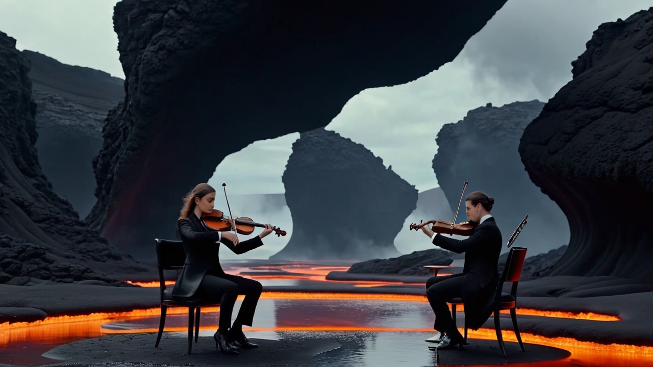 Violinists in Elegant Attire Amidst Volcanic Landscape