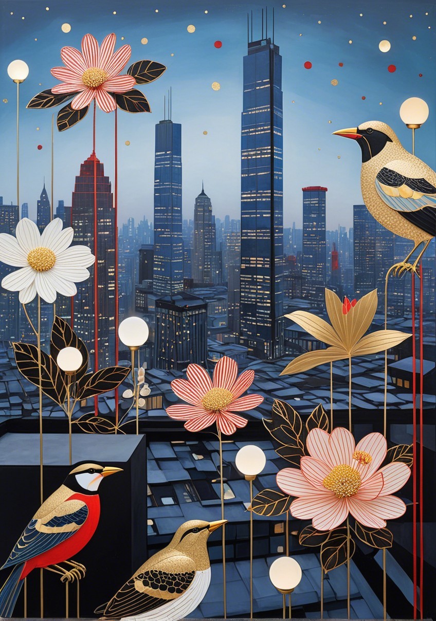 Vibrant Cityscape at Dusk with Nature Elements