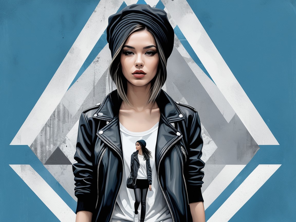 Stylized Young Woman in Leather Jacket Against Blue Background
