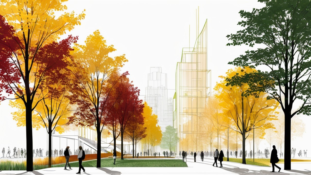 Modern Cityscape with Autumn Park and Skyscrapers