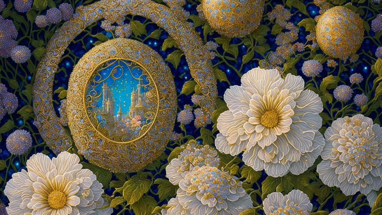 Surreal Scene of Flowers and Golden Orb Structures