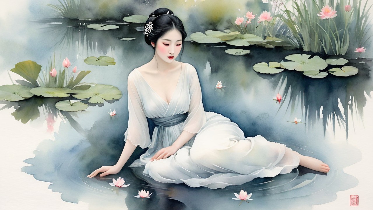 Serene Woman by Tranquil Pond in Watercolor Style