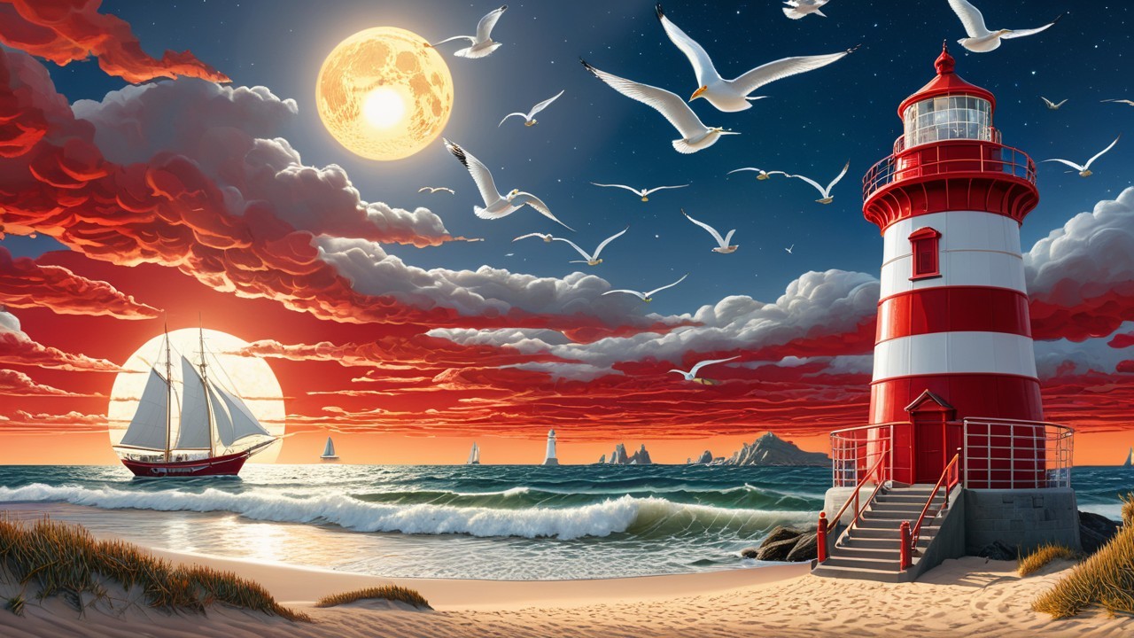 Vibrant Seaside Scene with Lighthouse at Dusk