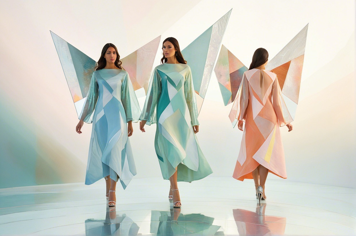 Models in Flowing Pastel Dresses in Futuristic Setting