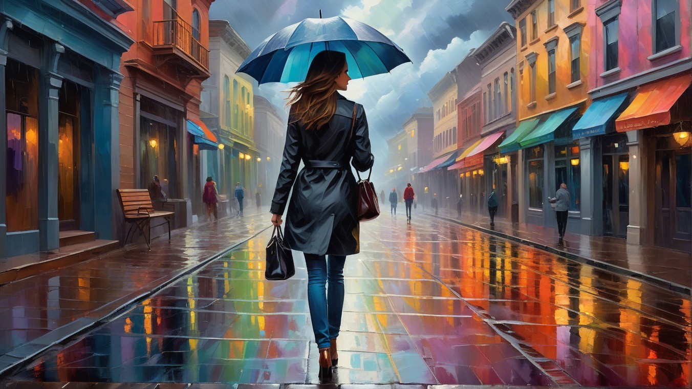 Woman in Black Coat on Colorful Rainy Street