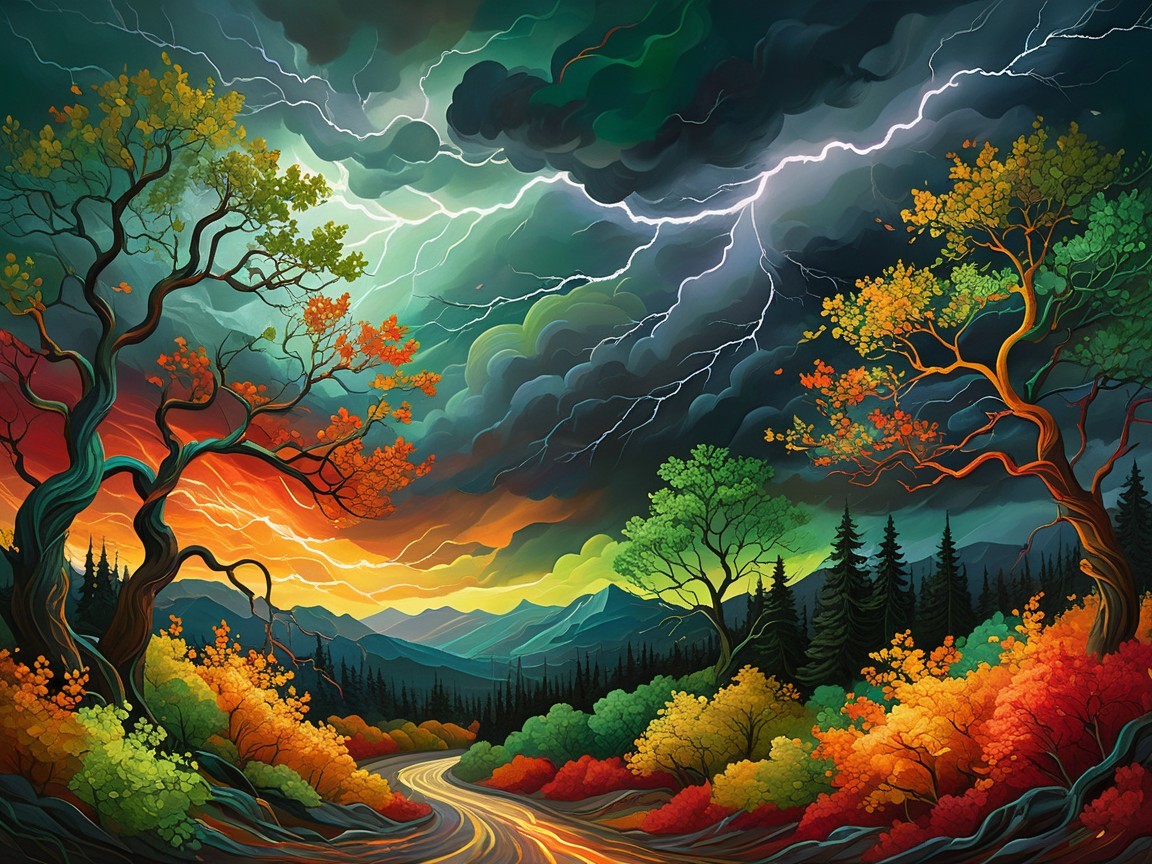 Vibrant Landscape with River and Dramatic Sky