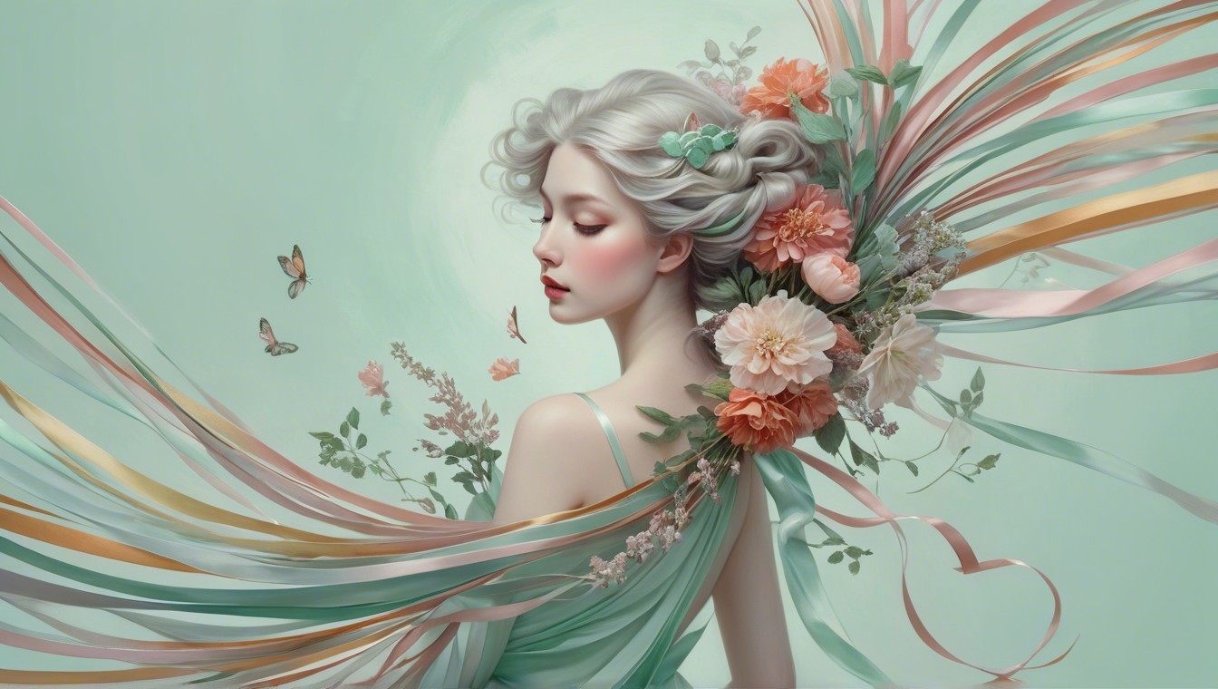 Ethereal Woman with Silver Hair and Floral Elements