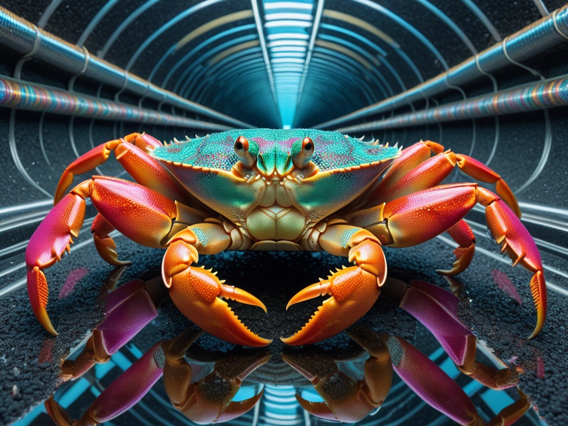 Vibrant Crab in Futuristic Tunnel with Glossy Reflection