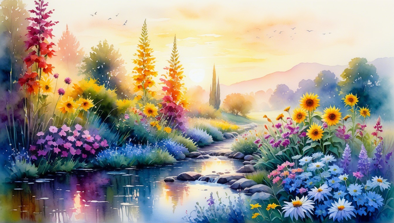 Colorful Garden Landscape with Stream and Mountains