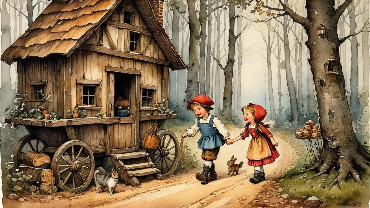 Children Walking in Forest with Whimsical Cart House