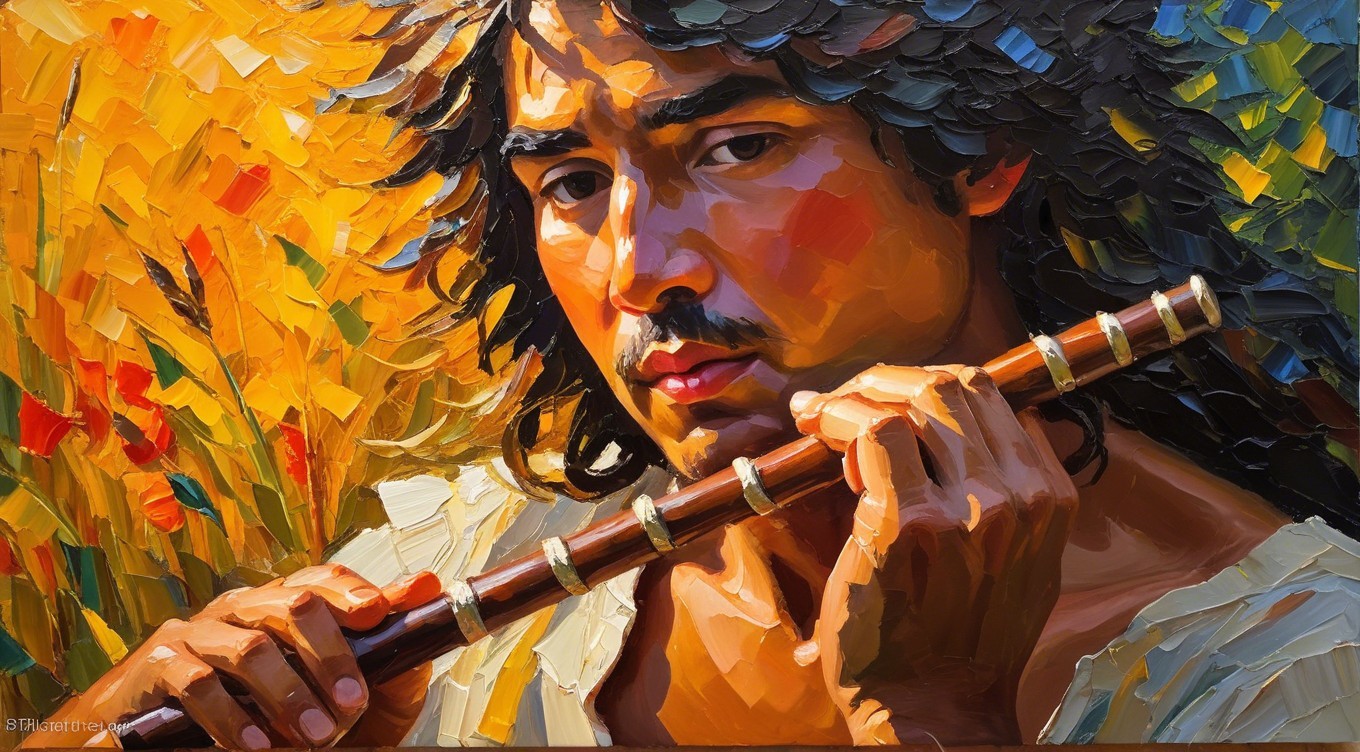 Close-up of a young man playing a wooden flute