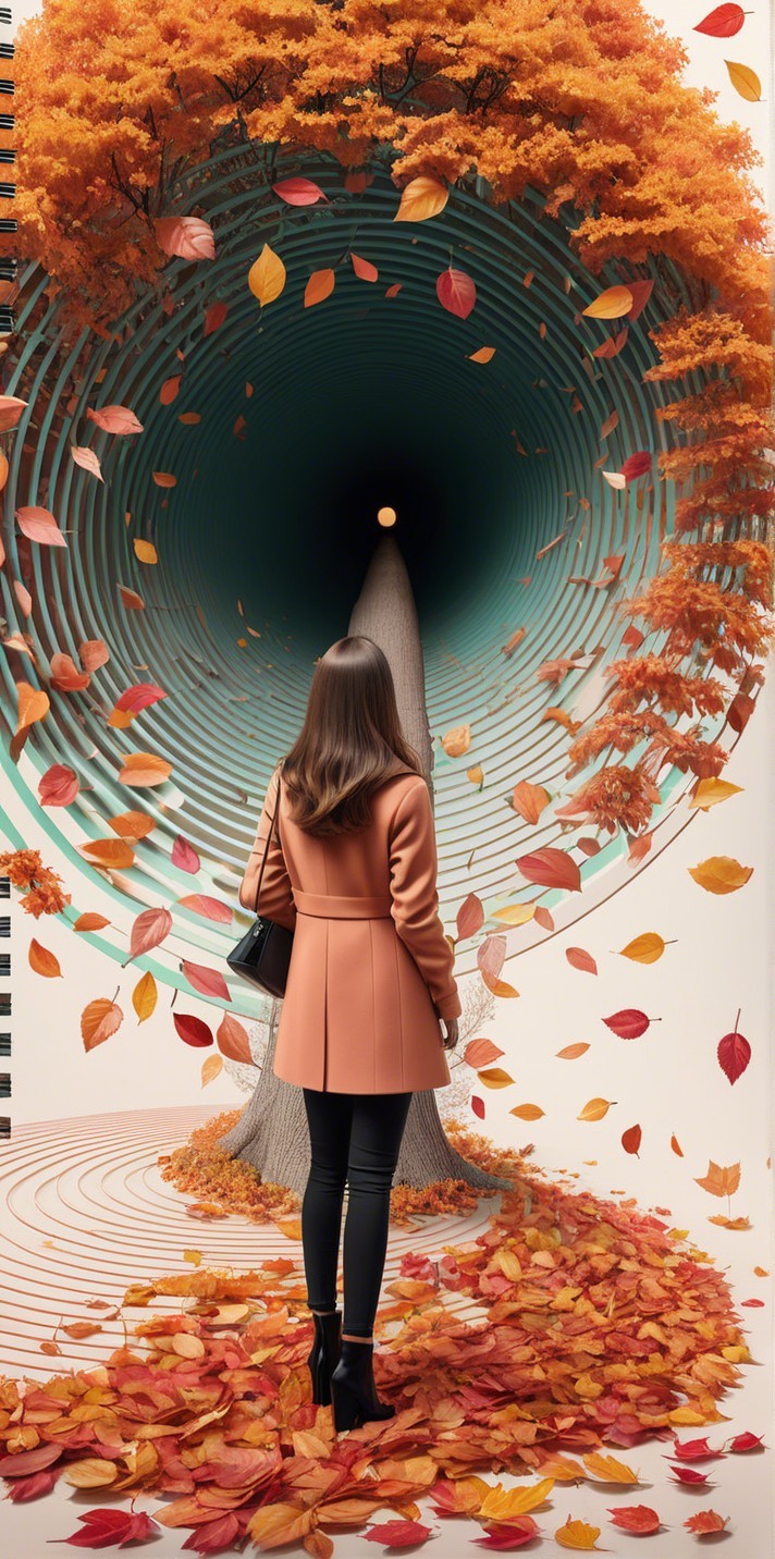 Woman gazing into a vibrant autumn leaf tunnel