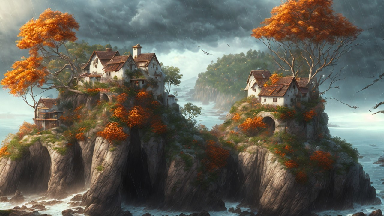 Serene Landscape with Houses and Autumn Trees