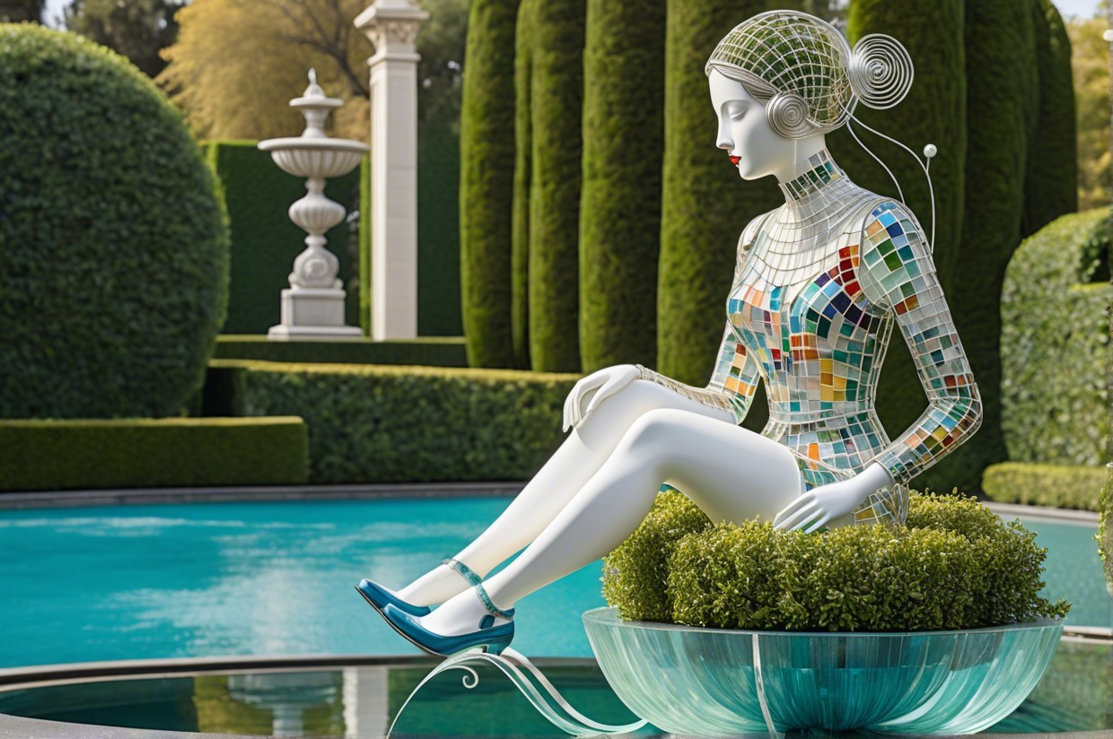 Stylized Mosaic Female Sculpture in Garden Setting