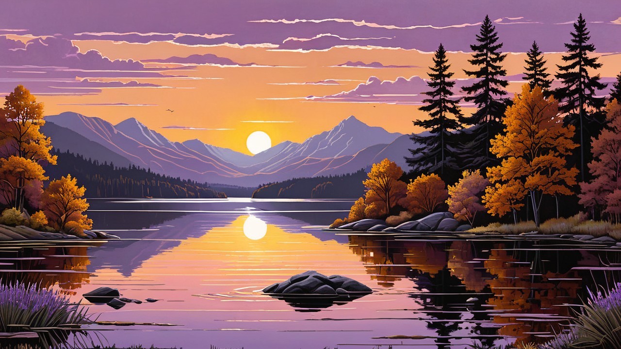 Serene Sunset Landscape with Tranquil Lake and Mountains