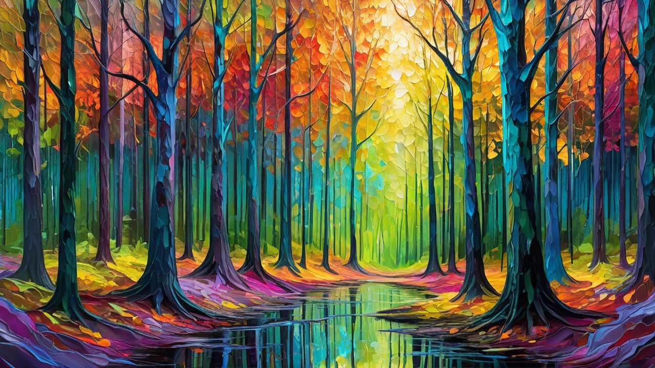Vibrant Forest Scene with Colorful Autumn Leaves