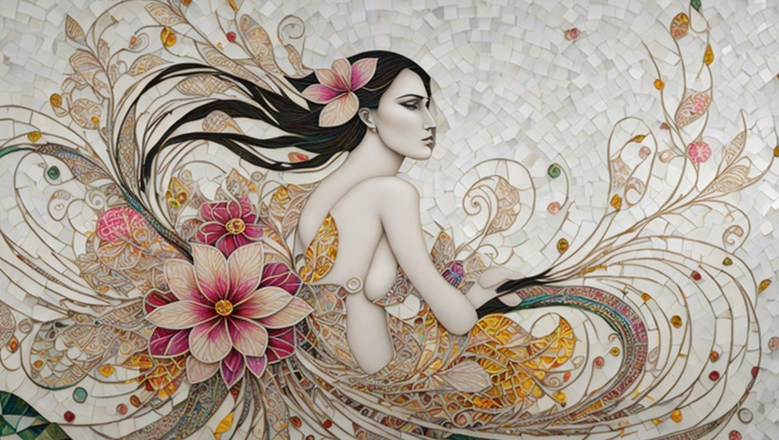 Intricate Mosaic of a Graceful Figure and Flowers