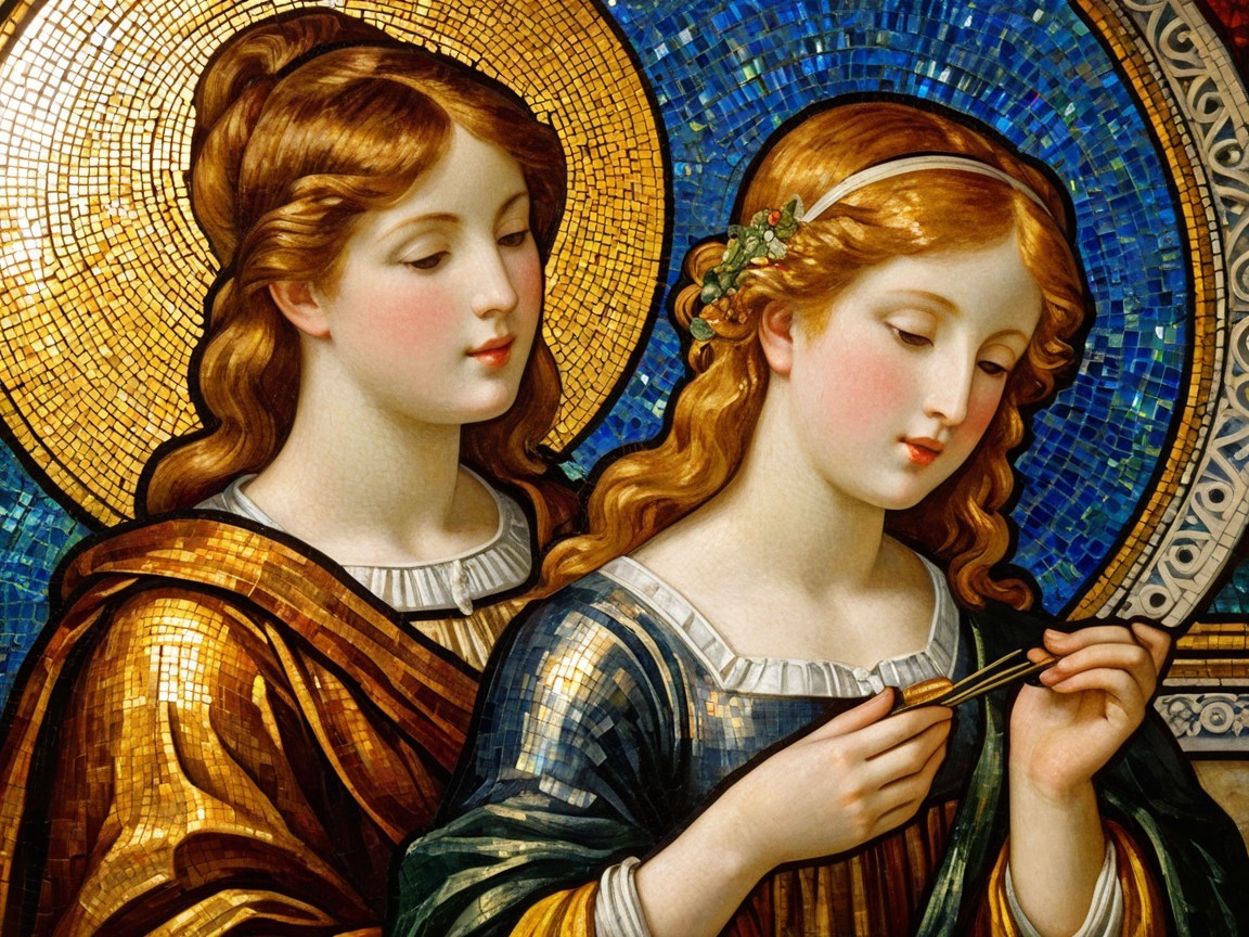 Angelic Figures in Colorful Garments with Mosaic Background