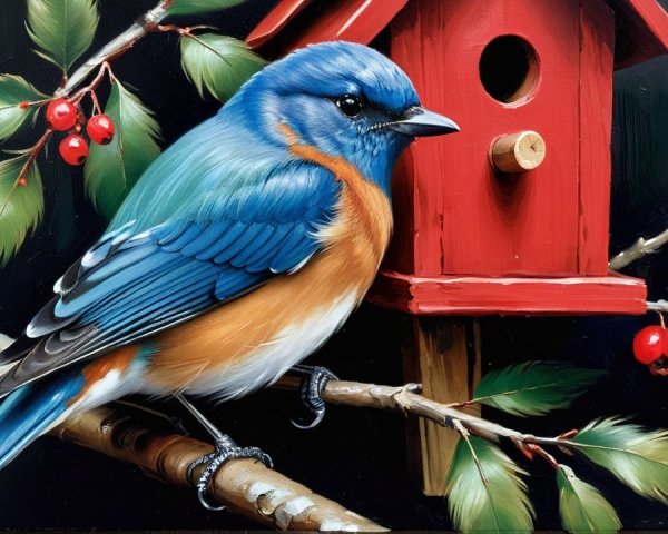Bluebird on Branch with Red Birdhouse and Greenery