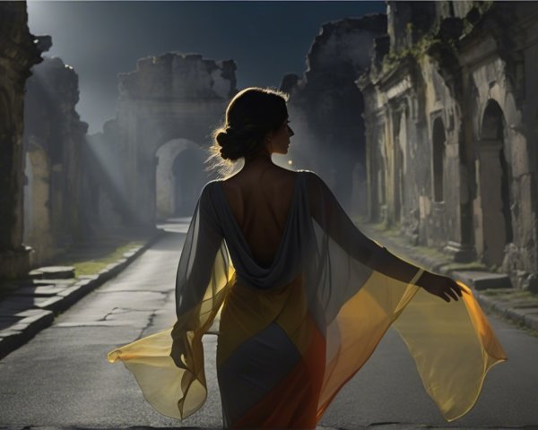 Mysterious figure in flowing gown in ancient ruins