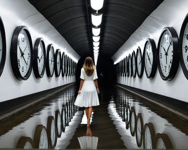 Woman in White Dress at Dark Corridor with Clocks