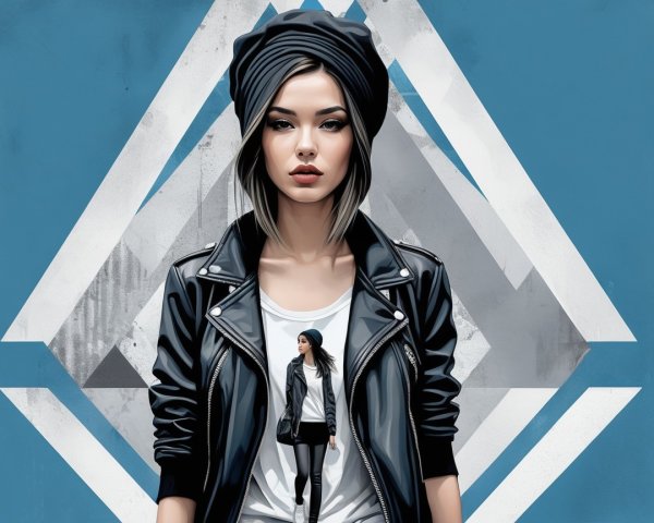 Stylized Young Woman in Leather Jacket Against Blue Background