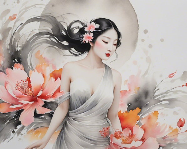 Woman in White Dress Surrounded by Pink Flowers