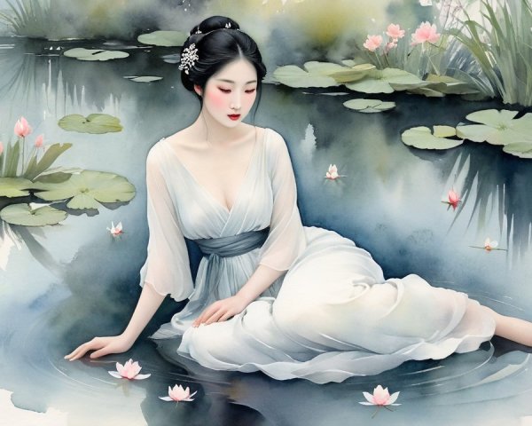 Serene Woman by Tranquil Pond in Watercolor Style