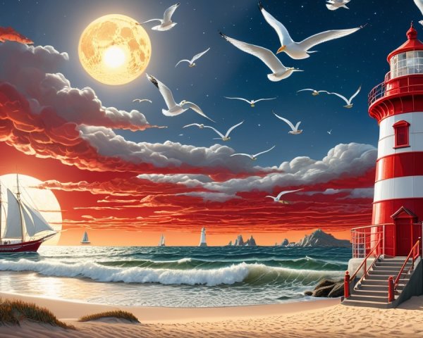 Vibrant Seaside Scene with Lighthouse at Dusk
