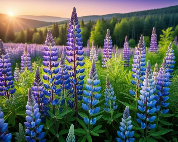 Vibrant Lupine Field Under Golden Sunrise Glow