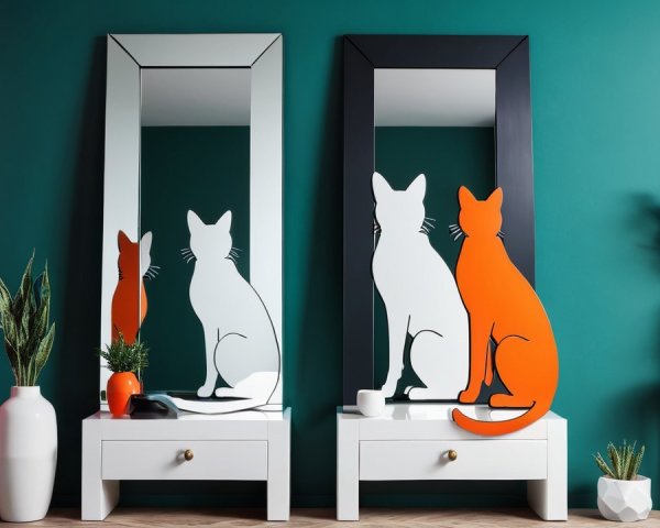 Stylish Mirrors with Cat Silhouettes on Teal Wall